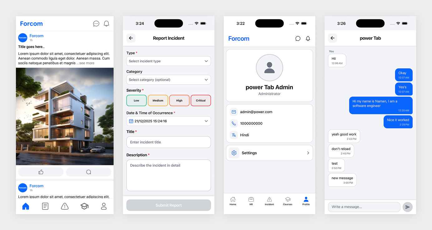 Forcom mobile UI screens